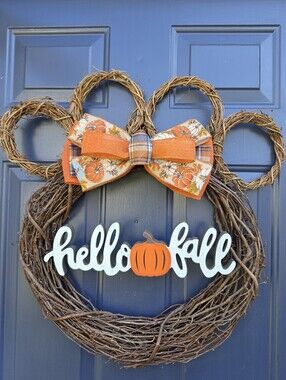 Hello Fall Pumpkin Grapevine Dog Paw Wreath with Orange Bow Accent 🐾
